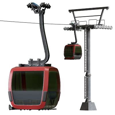 Two Red Cable Car Carriages With Metal Support And Overhead Cables 3d model