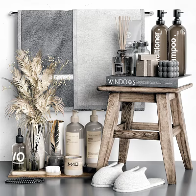 Stylish Bathroom Accessories With Towel Bottles Scented Sticks Wooden Stool Dried Plants 3d model
