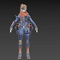 Futuristic Sci Fi Woman In Blue And Orange Armored Tactical Suit With Gear