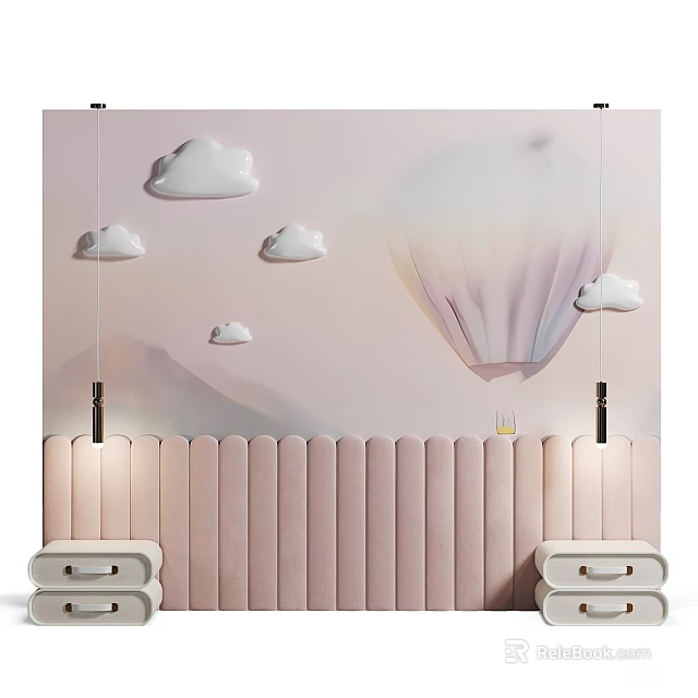 Pastel Pink Bed Background Wall With White Clouds And Hot Air Balloon Decor 3d model 