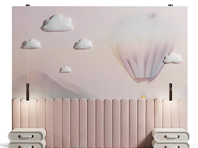 Pastel Pink Bed Background Wall With White Clouds And Hot Air Balloon Decor 3d model