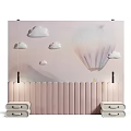 Pastel Pink Bed Background Wall With White Clouds And Hot Air Balloon Decor