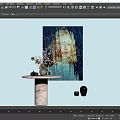Abstract Painting with Figure in Blue Dark Tones on Marble Table with Vase and Camera