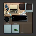 Cartoon Office Cubicle Scene With Vintage Computer Filing Cabinets Desk Lamp And Cactus