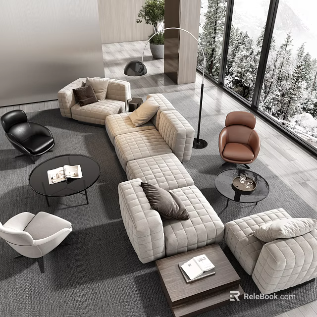 Modern Upholstered Sofa Coffee Table Combination With Round Black Frame And Accent Chairs 3d model