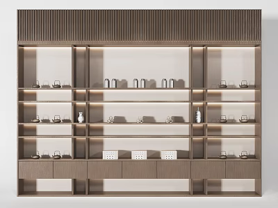 Modern Decorative Cabinet With Wooden Design LED Lighting And Multiple Display Shelves 3d model