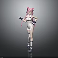 Cute Child With Pink Hair Twin Ponytails White Outfit Purple Shoes Gray Background