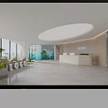 Modern Minimalist Office Reception Desk With Warm Wood Wall And Natural Greenery In Spacious Lobby