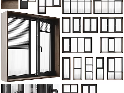 Modern Various Design Casement Windows With Aluminum Frames Tempered Glass And Blinds 3d model