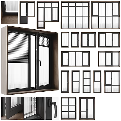 Modern Various Design Casement Windows With Aluminum Frames Tempered Glass And Blinds 3d model