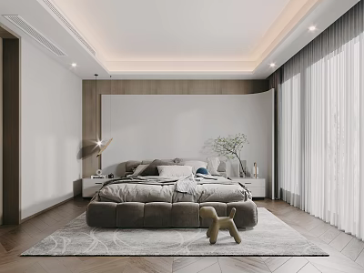 Modern Bedroom Interior Design With Large Bed Area Rug Curtains Nightstand And Plant 3d model