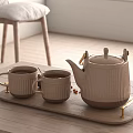 Modern Ceramic Cups With Vertical Stripes On Tray With Golden Handles For Home Kitchen
