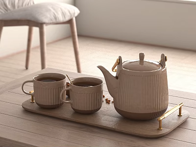 Modern Ceramic Cups With Vertical Stripes On Tray With Golden Handles For Home Kitchen 3d model