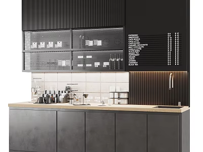 Modern Cafe Interior With Glass Display Cabinets Marble Countertop And Coffee Utensils 3d model