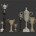 Various Trophy Collection Display With Silver And Gold Metal Designs And Spiral Wooden Bases
