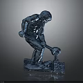 Blue Metallic Statue Of Muscular Figure Bending With Tool And Square Base