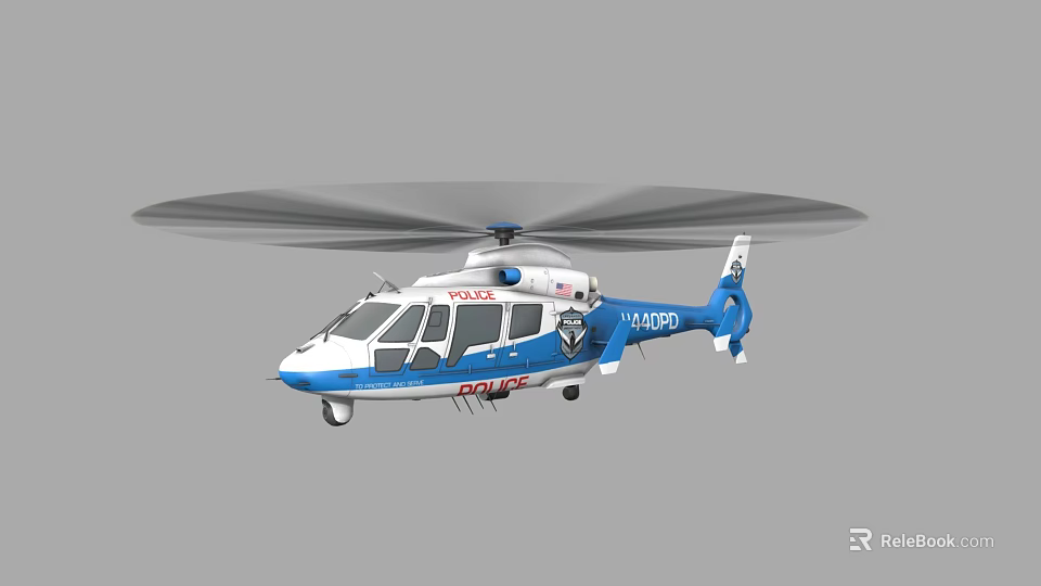 Blue and White Police Helicopter with Rotating Rotor Blades and Police Insignia 3d model 