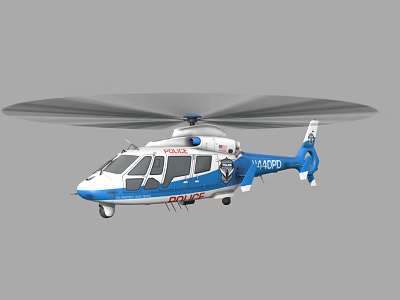 Blue and White Police Helicopter with Rotating Rotor Blades and Police Insignia 3d model