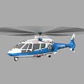 Blue and White Police Helicopter with Rotating Rotor Blades and Police Insignia