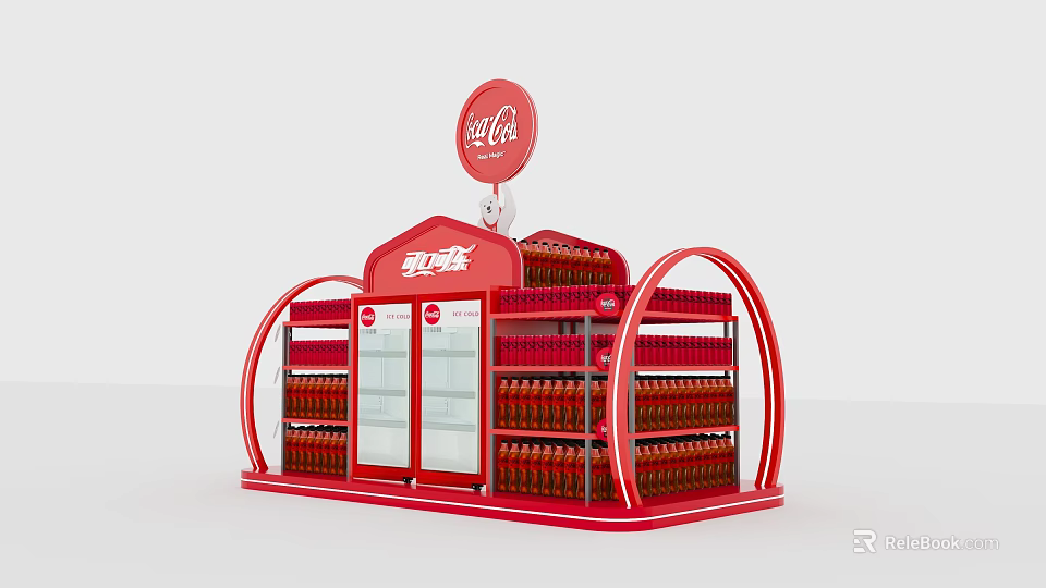 Red Coca Cola Display Stand With Fridge And Drinks On Shelves 3d model