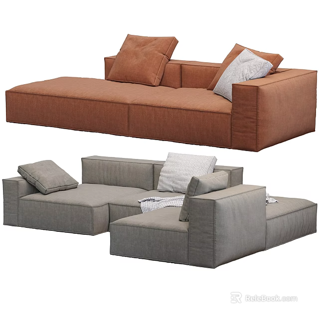 Stylish Sectional Sofas in Orange and Gray with Soft Comfortable Cushions 3d model