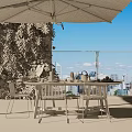 Outdoor Table On Terrace With Umbrella Chairs Greenery Wall And City View