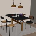 Modern Dining Room With Black Rectangular Table Brown Black Chairs And Yellow Pendant Lights 3d model