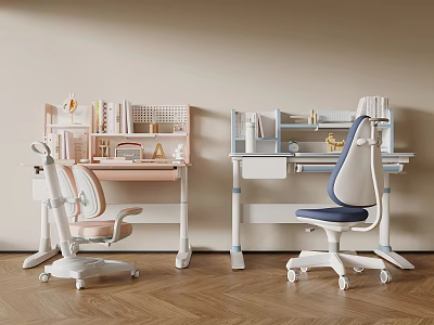 Modern Kids Study Desks In Pink And Blue With Adjustable Chairs Bookshelves And Decorations 3d model