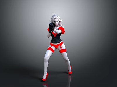 Woman in Black White Red Outfit Holding Weapon With Dynamic Strong Stance Against Gray Background 3d model