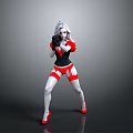 Woman in Black White Red Outfit Holding Weapon With Dynamic Strong Stance Against Gray Background