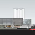 Modern Library Building With Sleek Metal Facade Front Tree Sculpture Plaza Outdoor Seating Cloudy Sky