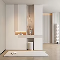 Modern Entryway Interior With White Cabinets Built-in Lighting Stool And Slatted Partition