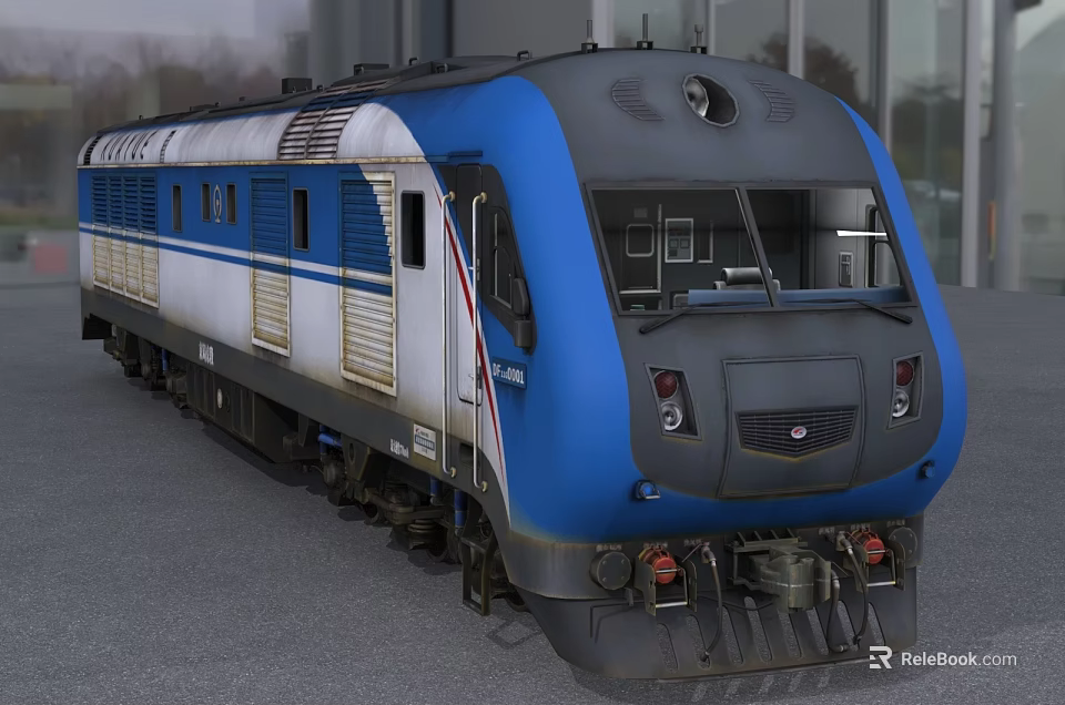 Modern Blue And White Locomotive Train With Carriages Windows And Doors 3d model 