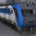 Modern Blue And White Locomotive Train With Carriages Windows And Doors