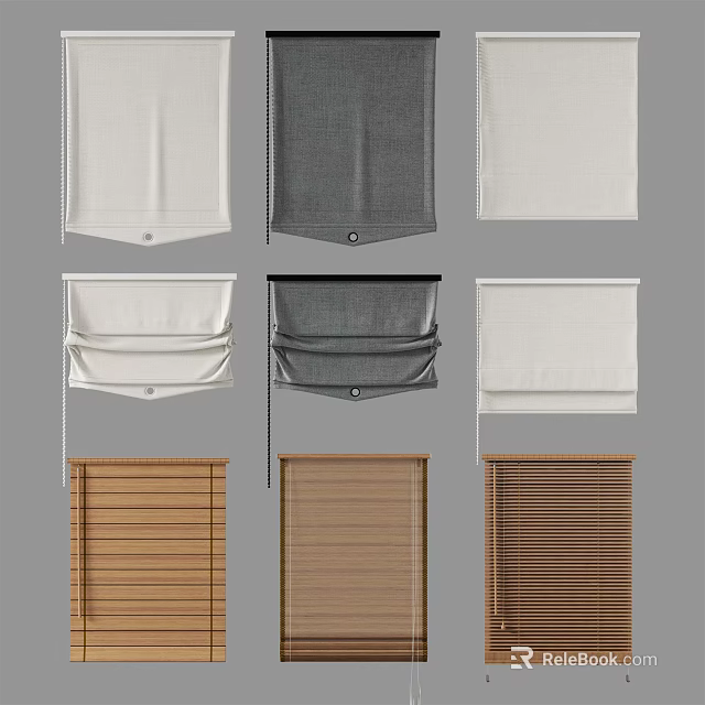 Elegant Roman Blinds Window Treatment With Fabric Wood White Grey Brown Styles 3d model 