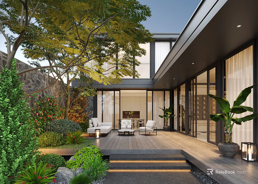 Modern Courtyard Garden With Lush Greenery Wooden Deck Outdoor Seating And Floor-to-Ceiling Windows 3d model 