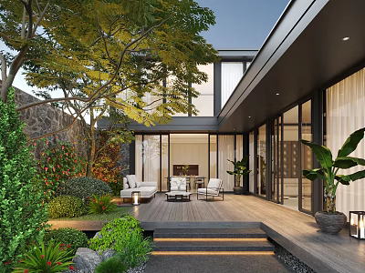 Modern Courtyard Garden With Lush Greenery Wooden Deck Outdoor Seating And Floor-to-Ceiling Windows 3d model