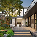 Modern Courtyard Garden With Lush Greenery Wooden Deck Outdoor Seating And Floor-to-Ceiling Windows