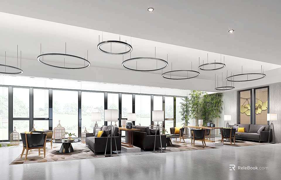 Modern Lounge Area Interior With Circular Pendant Lights Large Windows Comfortable Sofas And Indoor Plants 3d model 