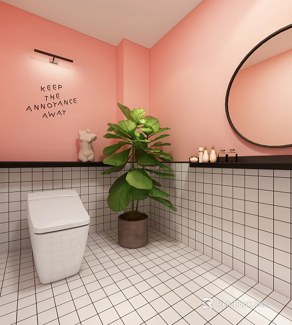 Public Restroom Interior With Pink Walls White Tiles Round Mirror Green Plant And Black Countertop 3d model 