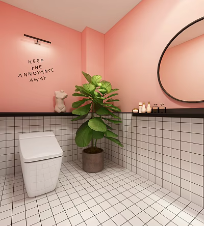 Public Restroom Interior With Pink Walls White Tiles Round Mirror Green Plant And Black Countertop 3d model
