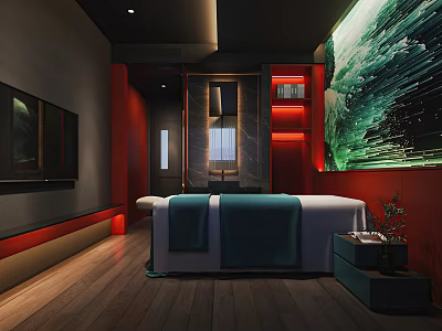 Modern SPA Sauna Relaxation Room With Massage Bed Green Art And Wooden Flooring 3d model