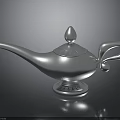 Shiny Silver Aladdin Lamp With Decorative Lid Spout Handle And Metallic Base