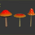 Three Colorful Vibrant Mushrooms with Orange Red Gradient Spotted Caps and Wooden Stems