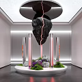 Indoor Interior Landscape Featuring Black Cracked Stone Red Light Silver Tubes Green Moss Purple Flowers