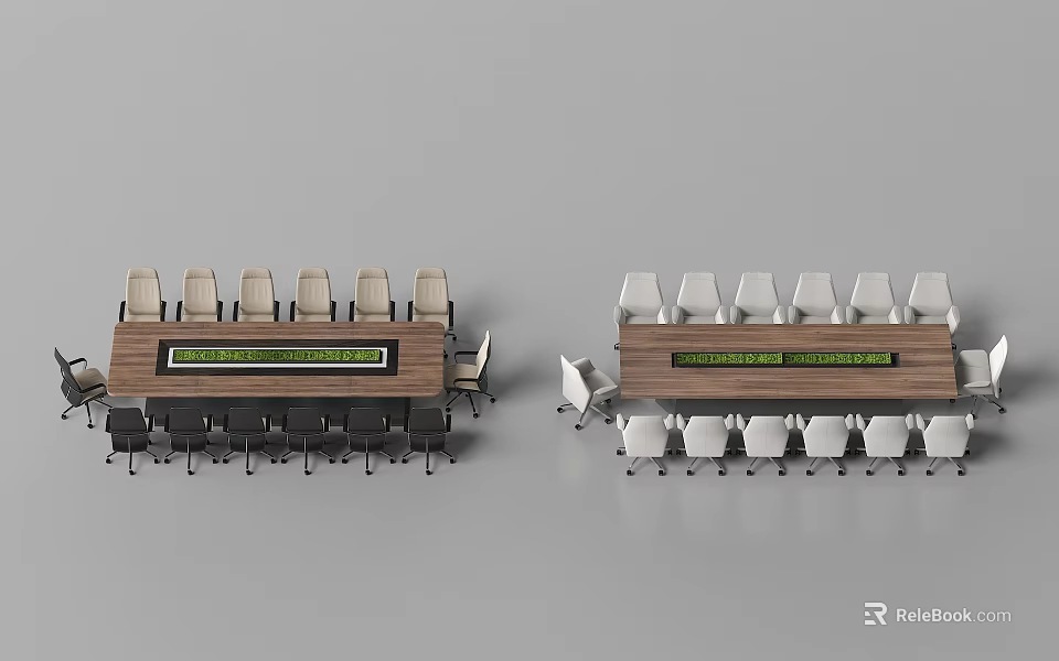Dark And Light Wood Office Desks With Green Center Strip And Surrounding Chairs 3d model 