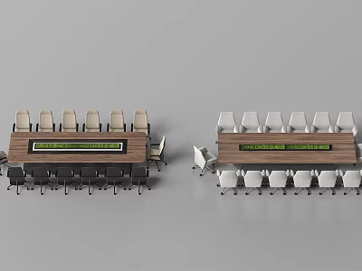 Dark And Light Wood Office Desks With Green Center Strip And Surrounding Chairs 3d model