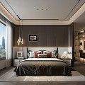Modern Bedroom Interior With Large Window City View Wall Art And Dark Bedding