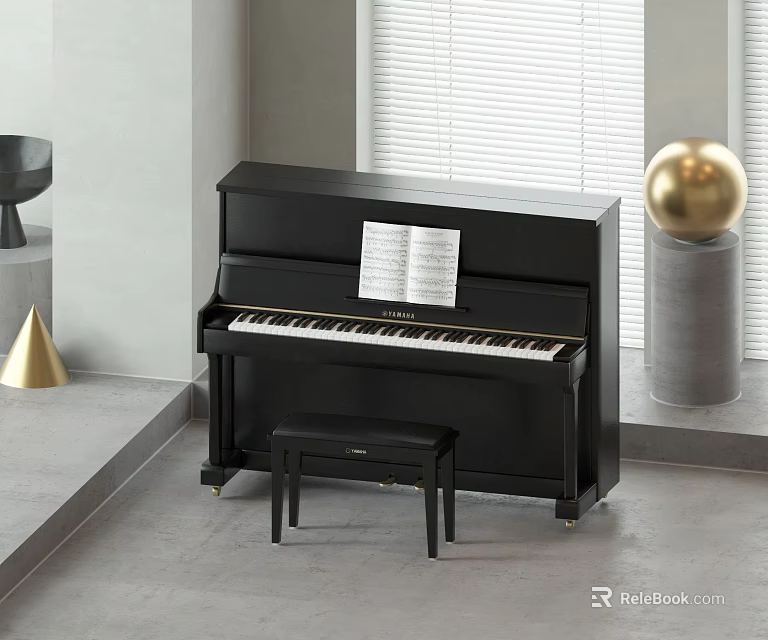 Modern Room With Black Upright Piano Bench Sheet Music And Painting Tools 3d model 