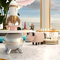 Vibrant Playground Featuring Cartoon Sculpture Pink Counter Striped Umbrella Green Plants And Decorative Houses